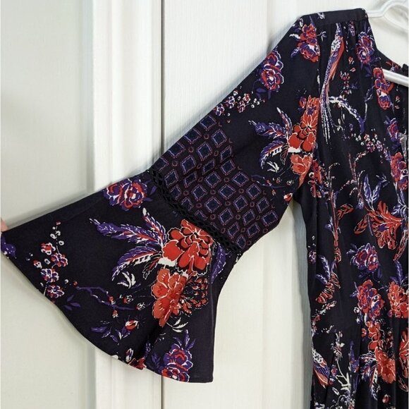 ANTHROPOLOGIE Maeve Espoir Jumpsuit Purple Bird Floral BellSleeve Romper 6p Us@L - Picture 7 of 11